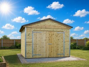 12 x 12 apex timber workshop shed with double doors, pressure-treated wooden cladding, and a durable apex roof, positioned in a sunny garden setting.