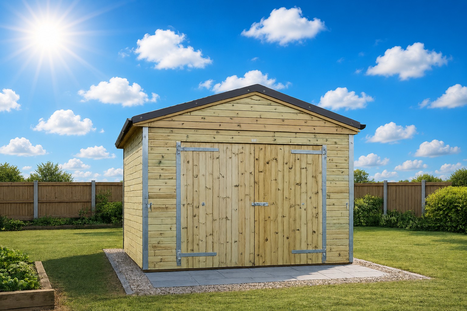 12 x 12 apex timber workshop shed with double doors, pressure-treated wooden cladding, and a durable apex roof, positioned in a sunny garden setting.