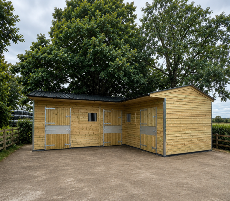 3 Stable L Shape | Compact Timber Yard Block with 18′ Corner
