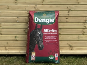 Dengie Alfa-A Oil bag leaning against a timber stable building