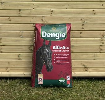 Dengie Alfa-A Oil bag leaning against a timber stable building