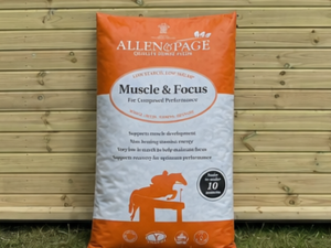 Allen and Page Muscle and Focus 20kg bag leaning against a timber stable building
