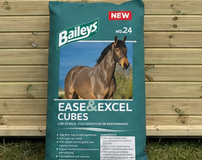 Baileys Ease and Excel Cubes 20kg bag leaning against a timber stable building