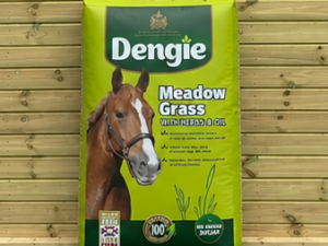 Dengie Meadow Grass 20kg feed leaning against a timber stable building