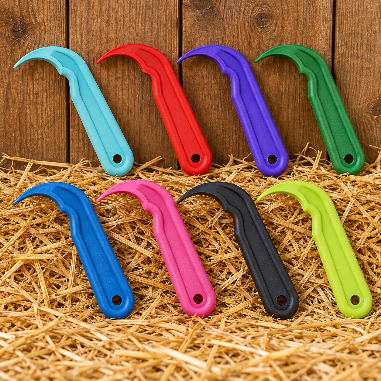 Red Gorilla Hoof Picks in 8 colours on a rustic stable background