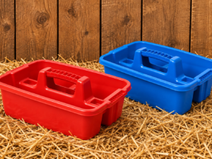 Red Gorilla Tidee Trays in Red and Blue on a rustic stable background